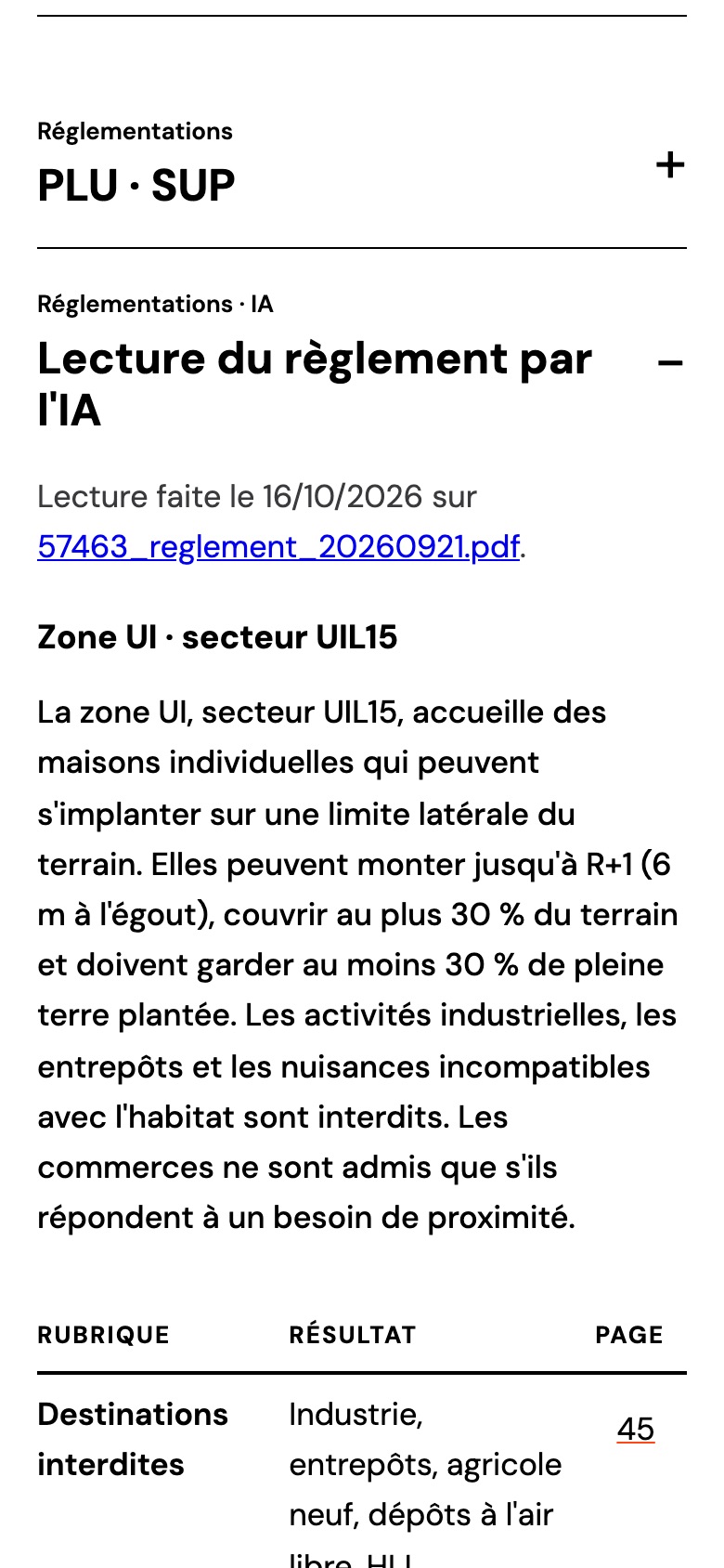 Lecture du règlement par l'IA : résumé de la zone UI, secteur UIL15, à Metz, et début de la grille rubrique, résultat, page.