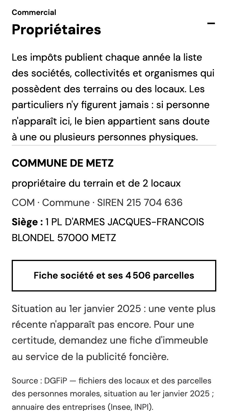 Rubrique Propriétaires : la Commune de Metz, propriétaire du terrain et de deux locaux, avec son SIREN et le bouton vers ses 4 506 parcelles.