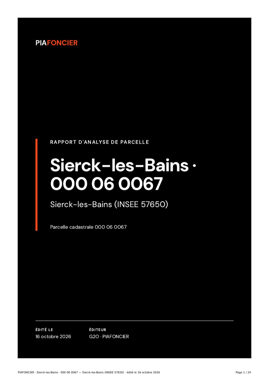 Page de garde d'un rapport PIAFONCIER : rapport d'analyse de parcelle, Sierck-les-Bains, parcelle 06 0067.